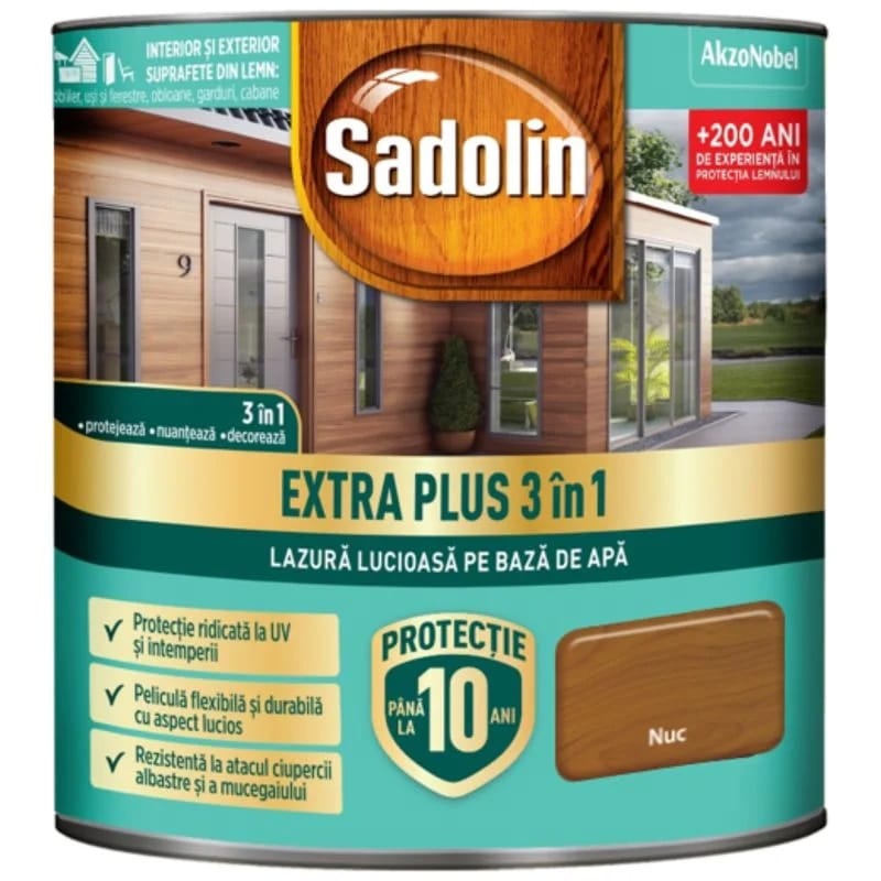 Lazură 3 în 1 pe baza de apa, pentru lemn, lucioasă, 0.75L, Sadolin, Nuc / 5738841