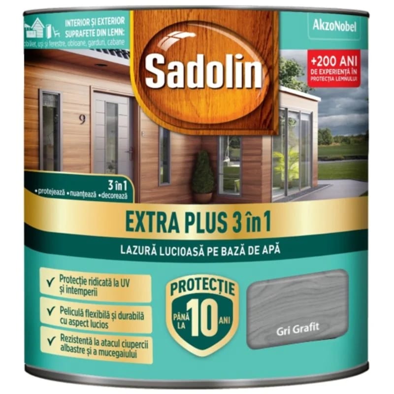 Lazură 3 în 1 lucioasă pe bază de apă, Sadolin Extra Plus, gri grafit 0.75L / 5738856