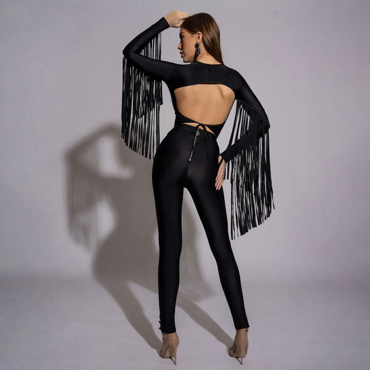 Bluza dama neagra modelatoare cu spate gol si franjuri