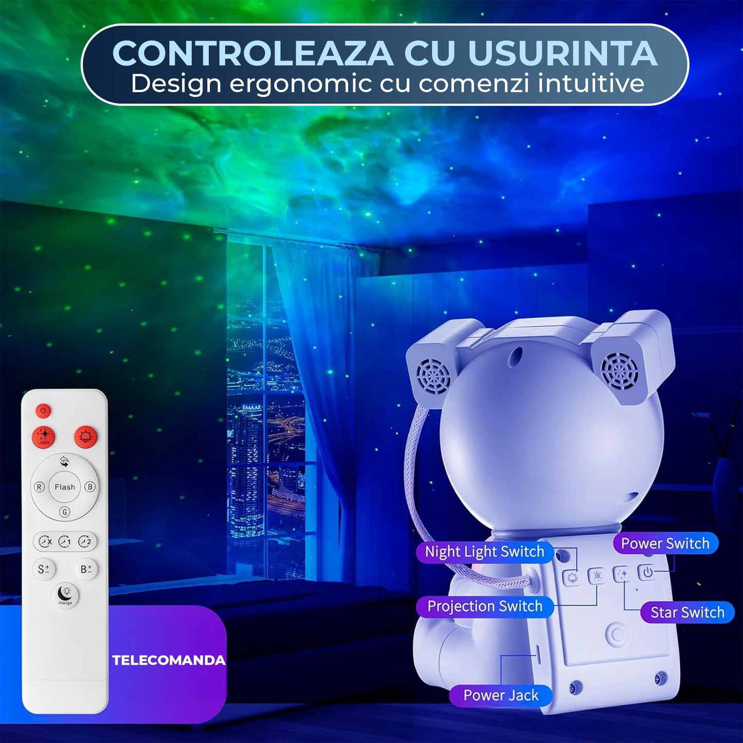 Lampa tip Proiector Model Astronaut Timebox 2 in 1 cu 8 Culori de Nebuloasa, 7 Culori de Luna, Cap Rotativ 360°, Telecomanda si Timer Auto-Off, Ideal pentru Dormitoare, Camere de Jocuri si Petreceri