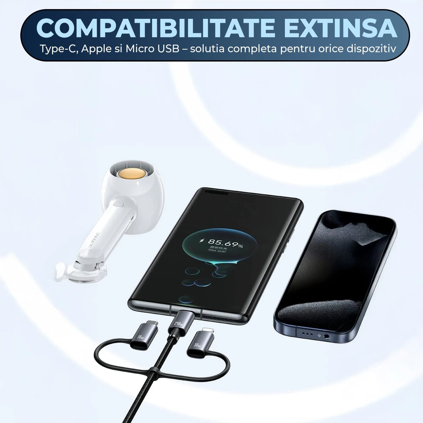 Cablu de Incarcare si Transfer de Date Timebox, 5 in 1, 240W, 1,2m, Gri