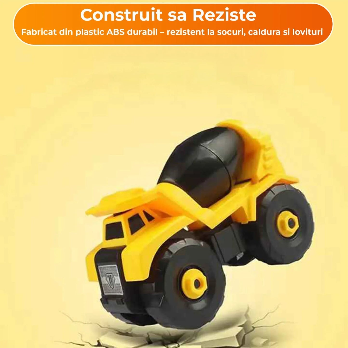 Set 6 in 1 Masini de Jucarie Timebox, Demontabile Buldozer, Betoniera, Galben