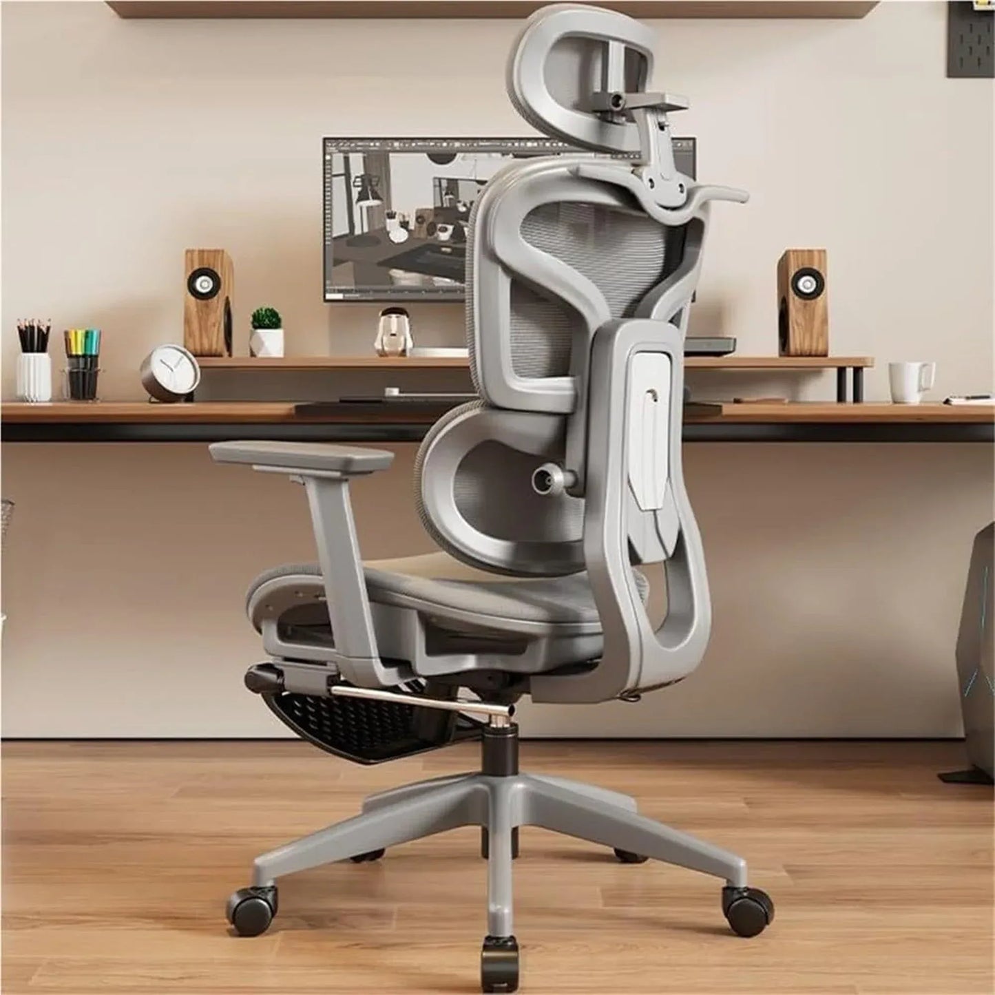 Scaun Ergonomic cu Suport Lombar – Spatar Reglabil si Reclinabil, Plasa Respirabila, Sezut Confortabil, Suport pentru Picioare, Rotativ 360°, Ideal pentru Birou, Gaming sau Studiu, Gri - 221.ro