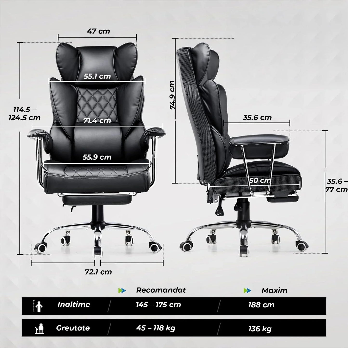 Scaun Office Timebox– Scaun Ergonomic Executiv din Piele cu Spatar Inalt, Suport Lombar cu Arcuri, Reclinabil 135°, Suport pentru Picioare si Cotiere Fixe, Confortabil, Cadru Metalic, Sustine Pana la 136 kg, Negru - 221.ro