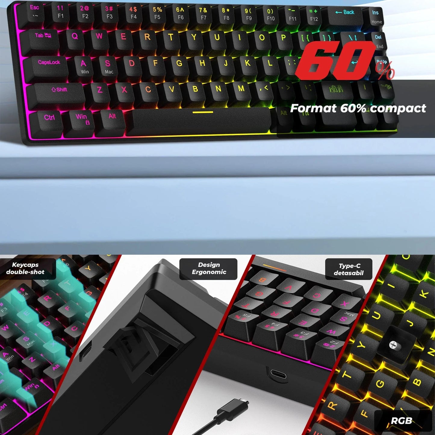 Tastatura Mecanica Gaming Timebox, 60%, Anti-Ghosting, Negru