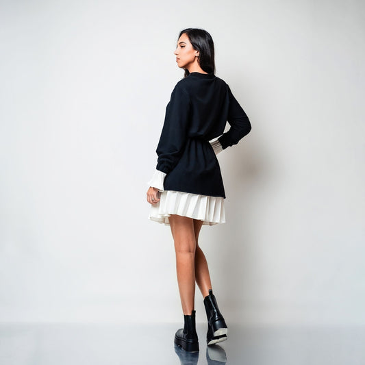 Rochie hanorac cu insertii din tafta de matase plisata Alb/Negru Retro Please