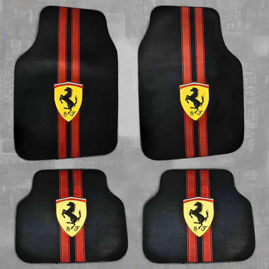 Covorașe auto universale DECOMAT – set 4 bucăți lavabile, antiderapante, cu imprimeu sport „Scuderia Style”