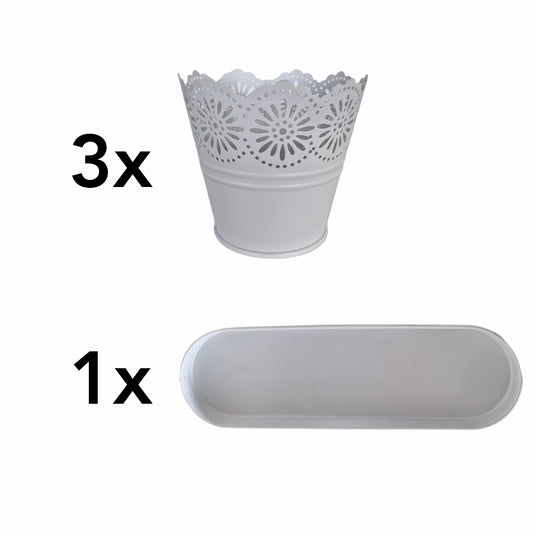 Set 3 ghivece cu tava, din metal, Naimeed D2603, Alb