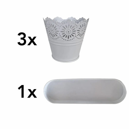 Set 3 ghivece cu tava, din metal, Naimeed D2603, Alb - 221.ro
