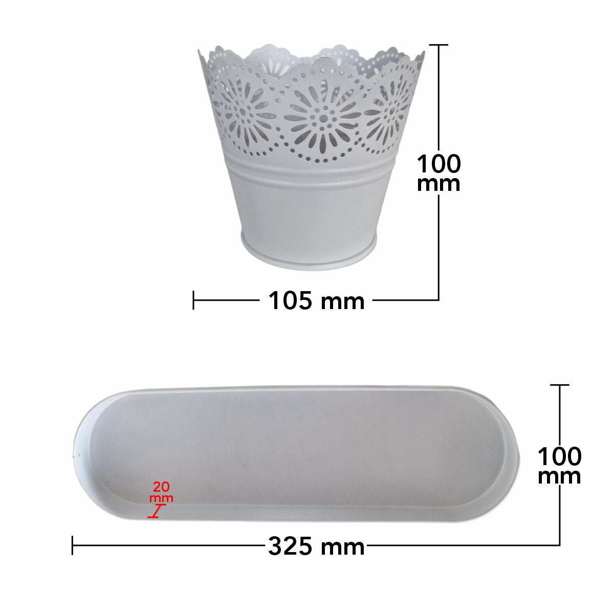 Set 3 ghivece cu tava, din metal, Naimeed D2603, Alb