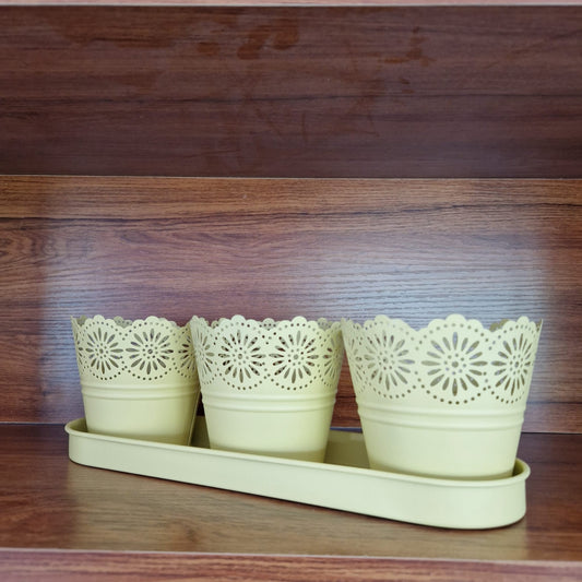 Set 3 ghivece cu tava, din metal, Naimeed D2603, Galben