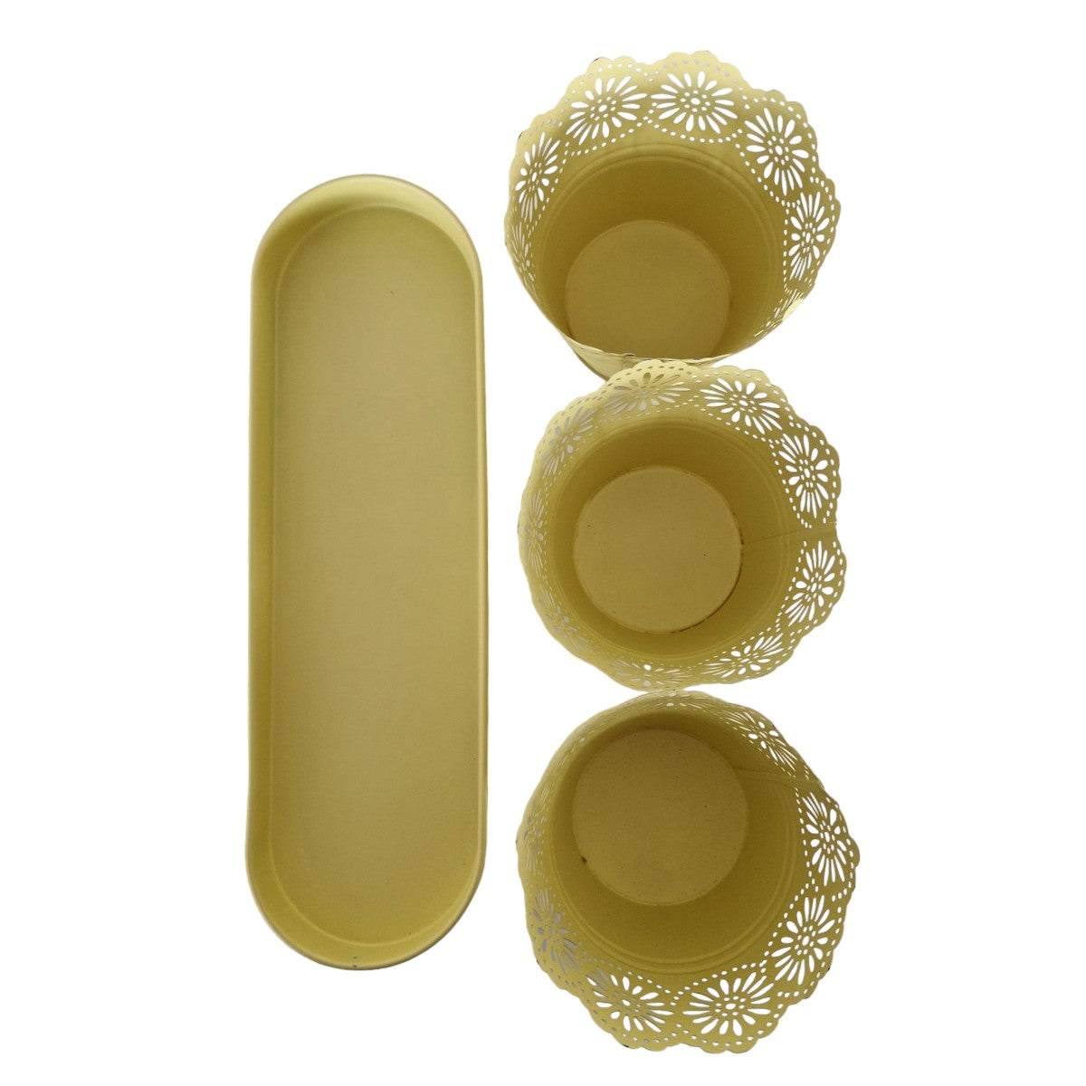 Set 3 ghivece cu tava, din metal, Naimeed D2603, Galben