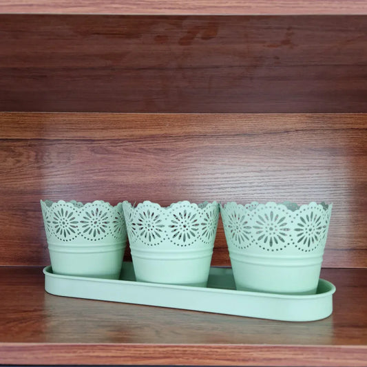 Set 3 ghivece cu tava, din metal, Naimeed D2603, Verde - 221.ro