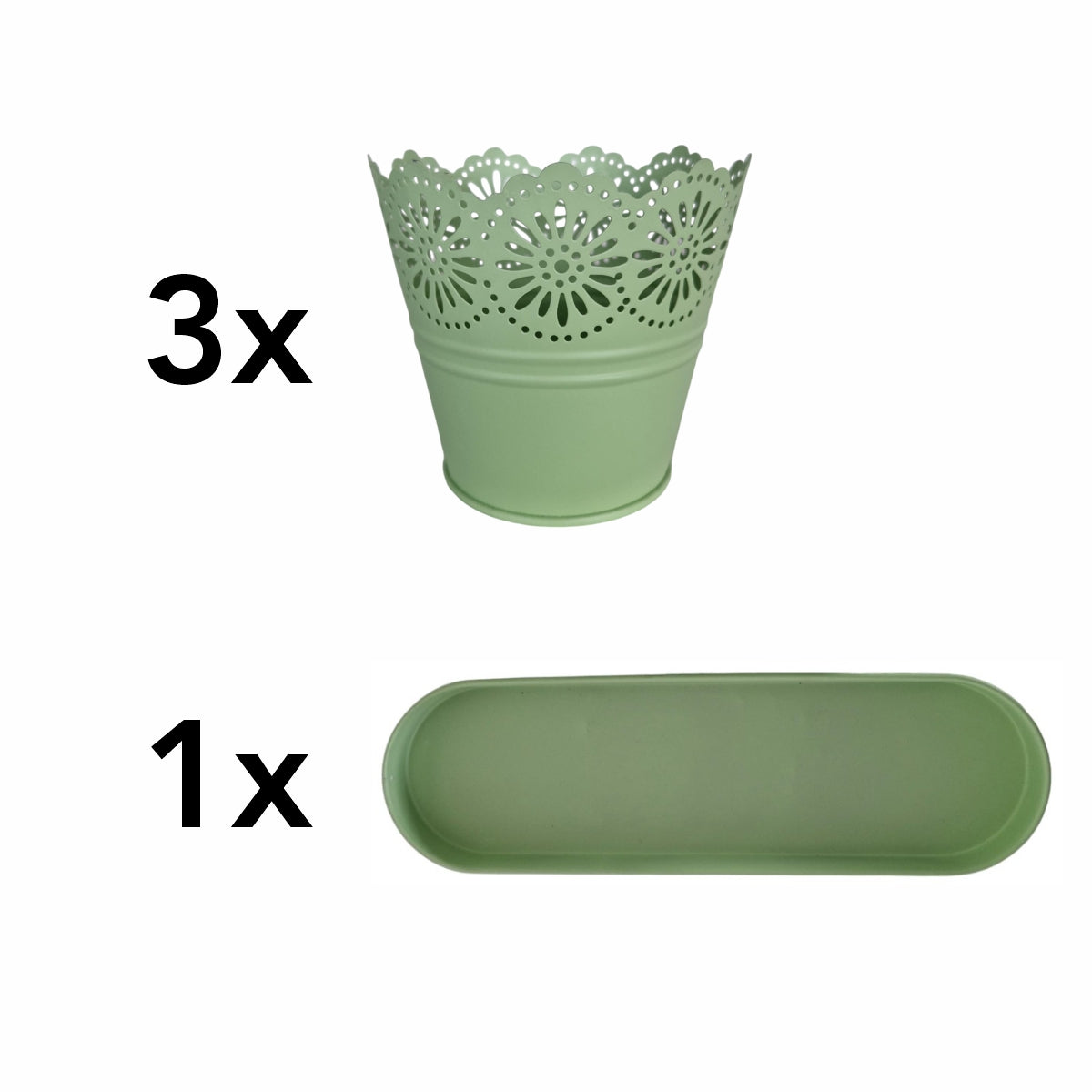 Set 3 ghivece cu tava, din metal, Naimeed D2603, Verde