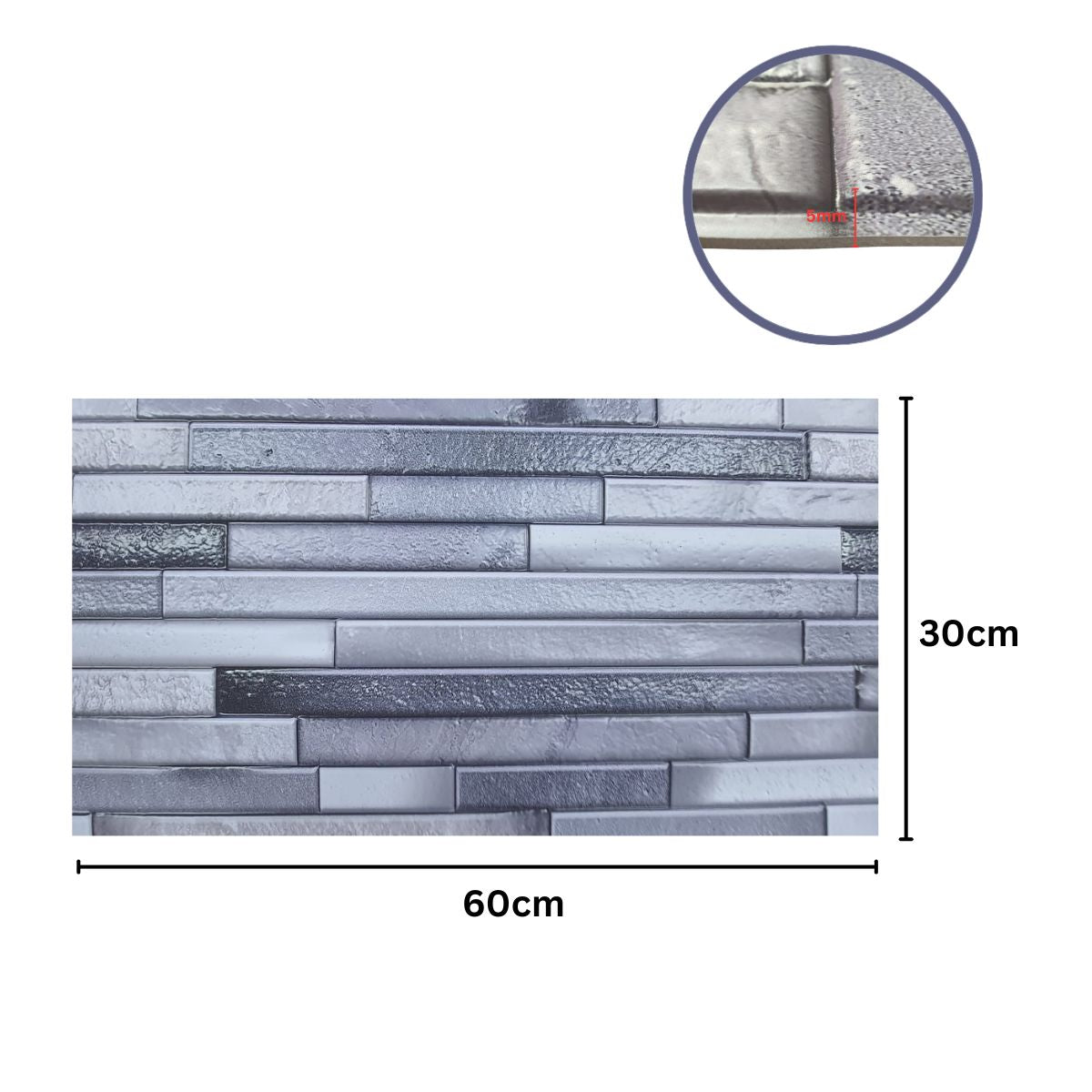 Set 12 panouri decorative, SXP + PVC, autoadezive, imitatie mozaic de piatra cu textura in relief, Naimeed D2949-model-1, 60x30x0.5 cm, Gri