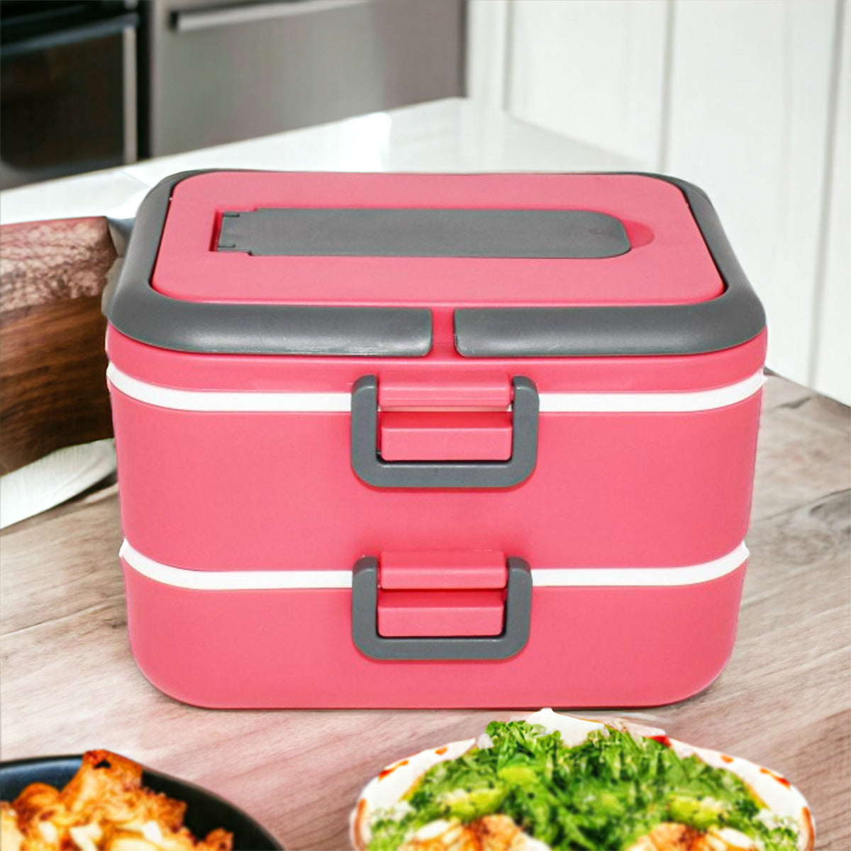 Caserola cu 2 compartimente si lingura D3151, culoare Roz, 18.5x15.5x13 cm 1.5L