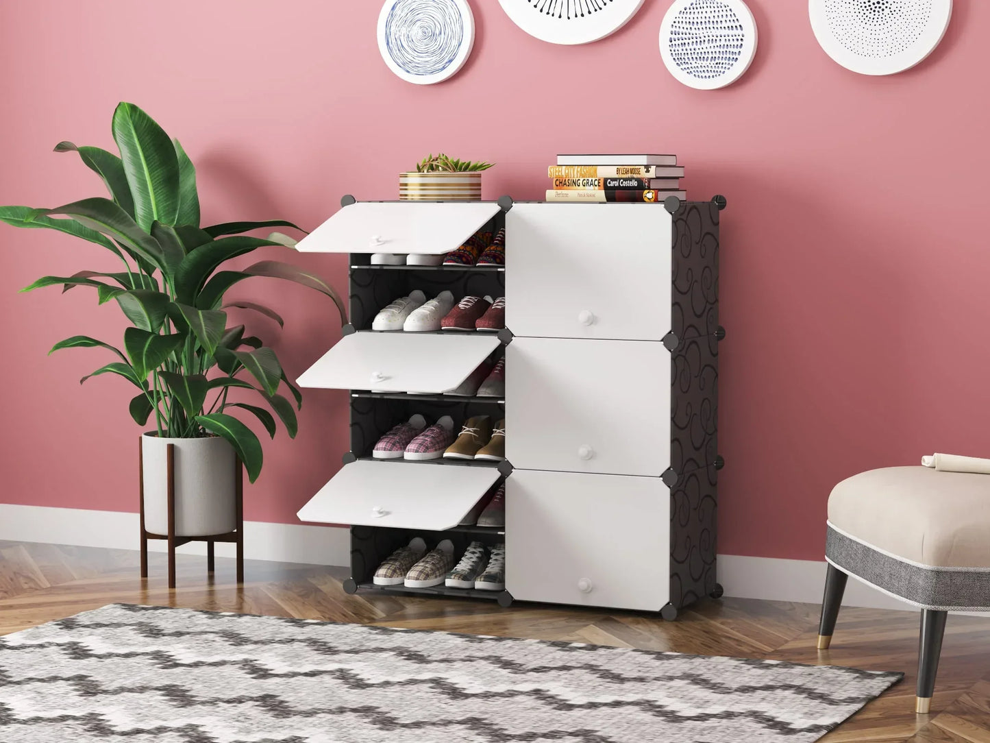 Pantofar modular din plastic cu schelet metalic, D3254N, culoare Alb / Negru, 96 x 85 x 31 cm - 221.ro