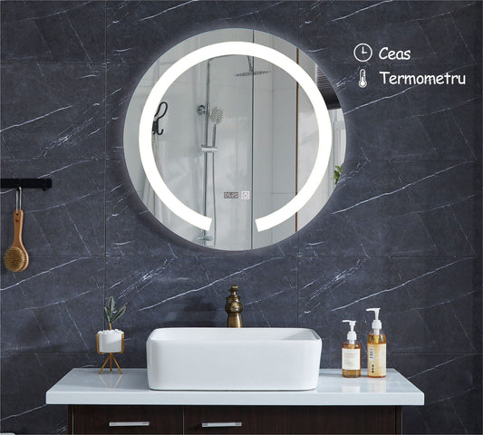 Resigilat: Oglinda de baie, RD3300-3, cu iluminare Led, Diametru 58.5 cm, Ceas, Termometru