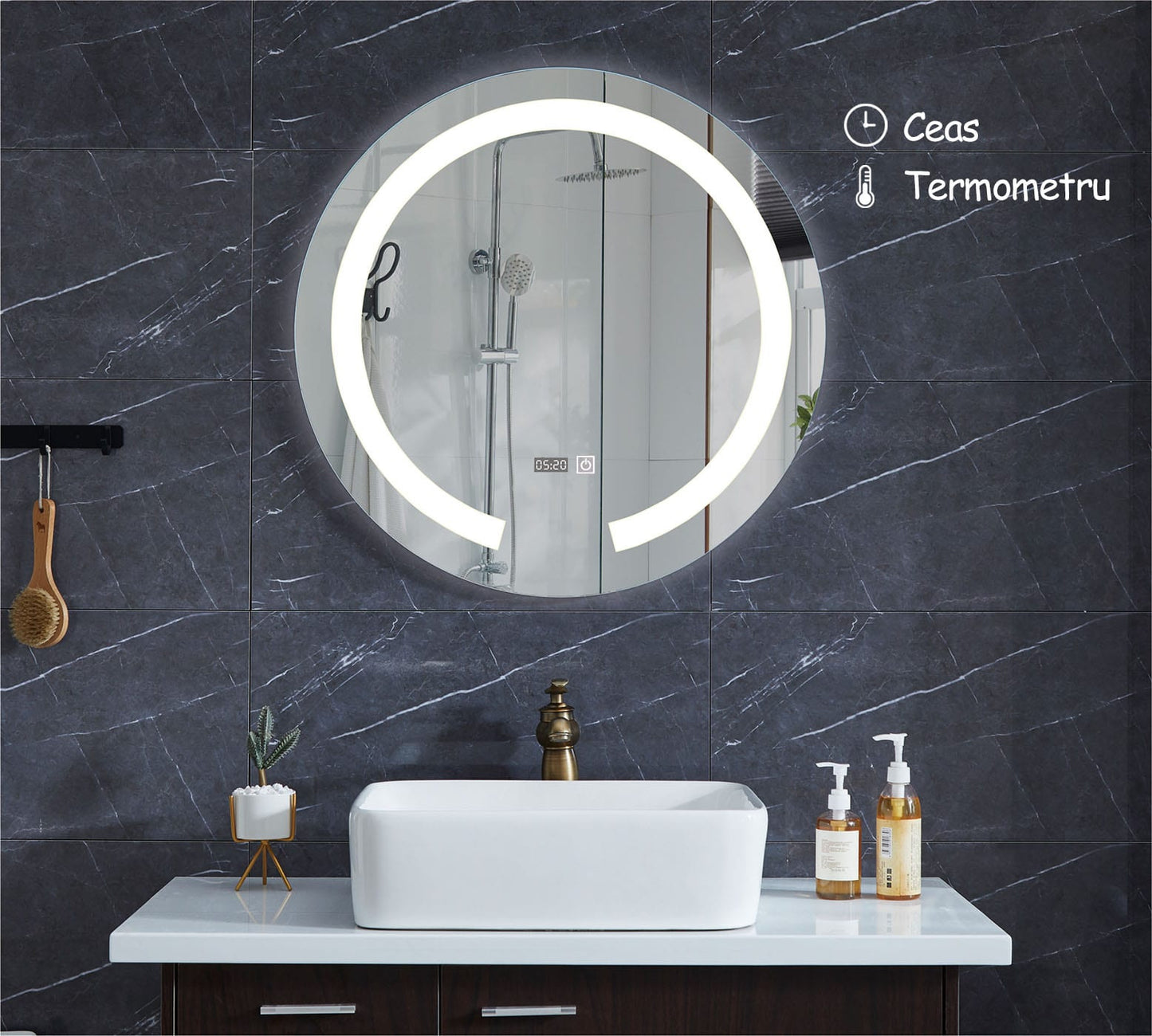 Resigilat: Oglinda de baie, RD3300-2, cu iluminare Led, Diametru 58.5 cm, Ceas, Termometru
