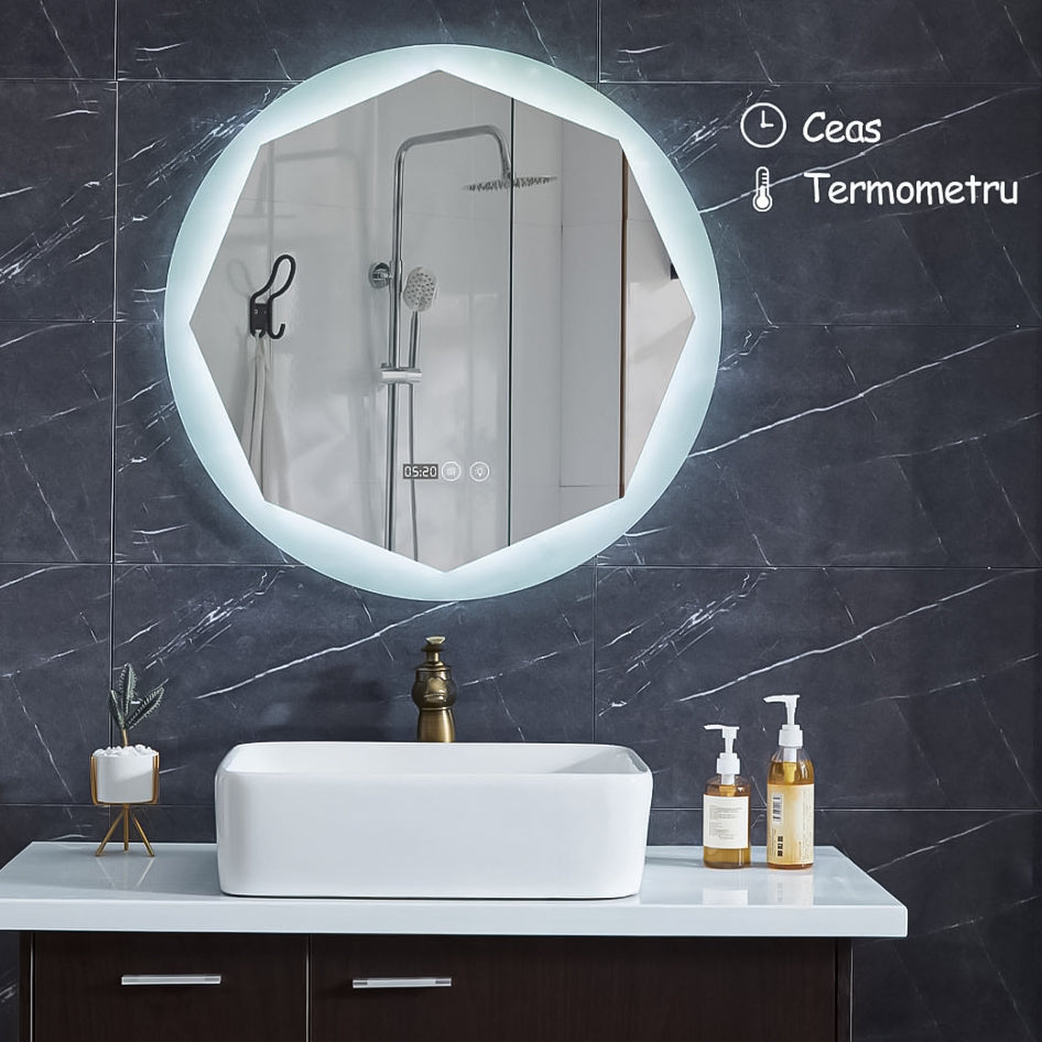 Resigilat: Oglinda de baie, RD3303-1, cu iluminare Led, Diametru 80cm, Functii dezaburire, Bluetooth, Ceas, Termometru