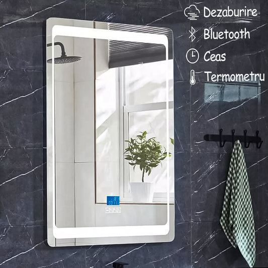 Resigilat: Oglinda de baie, D3305-1, cu iluminare Led, Dimensiuni 50x70 cm, Functii dezaburire, Bluetooth, Ceas, Termometru