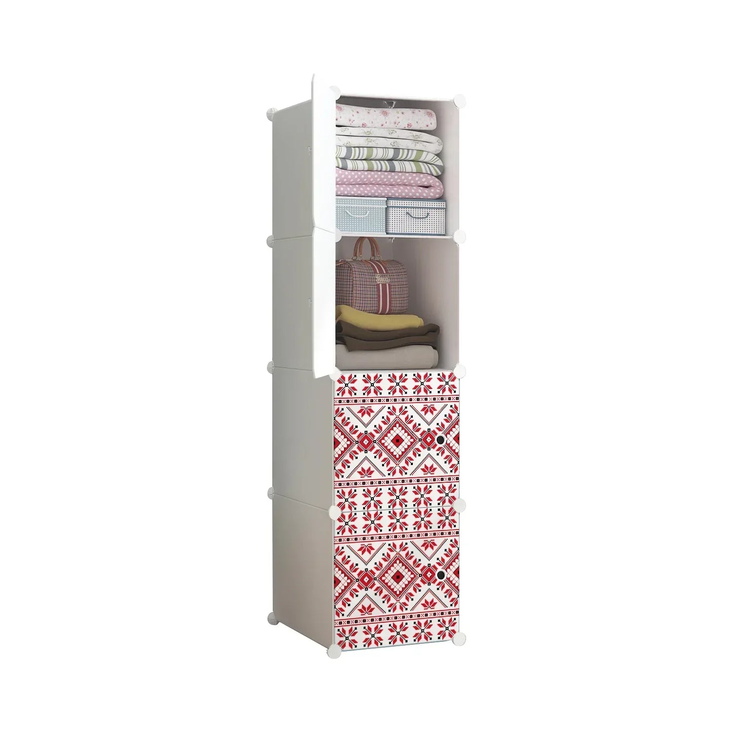 Dulap modular din plastic cu schelet metalic, imprimeu traditional, Naimeed D3420W, culoare Alb, 148x37x37 cm - 221.ro