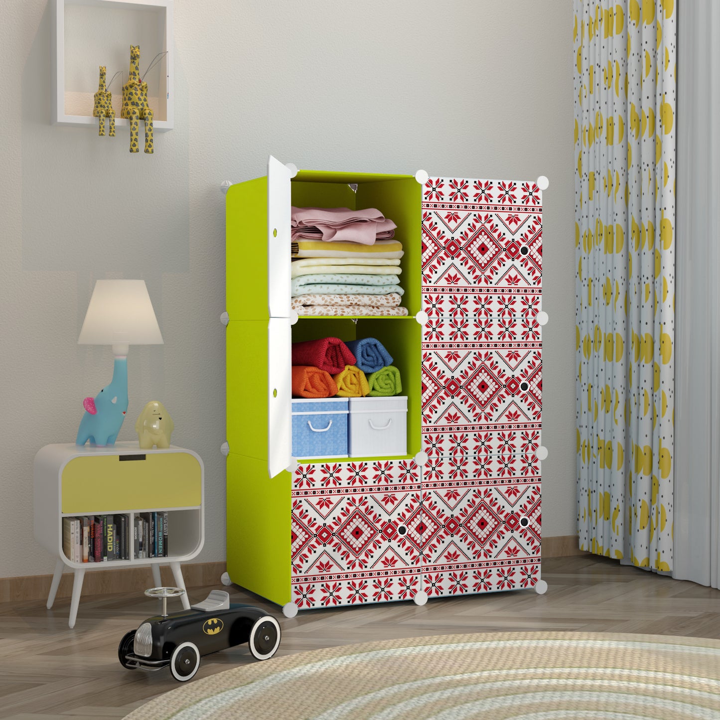 Dulap modular din plastic cu schelet metalic, imprimeu traditional, Naimeed D3422G, culoare Verde, 111x75x37 cm