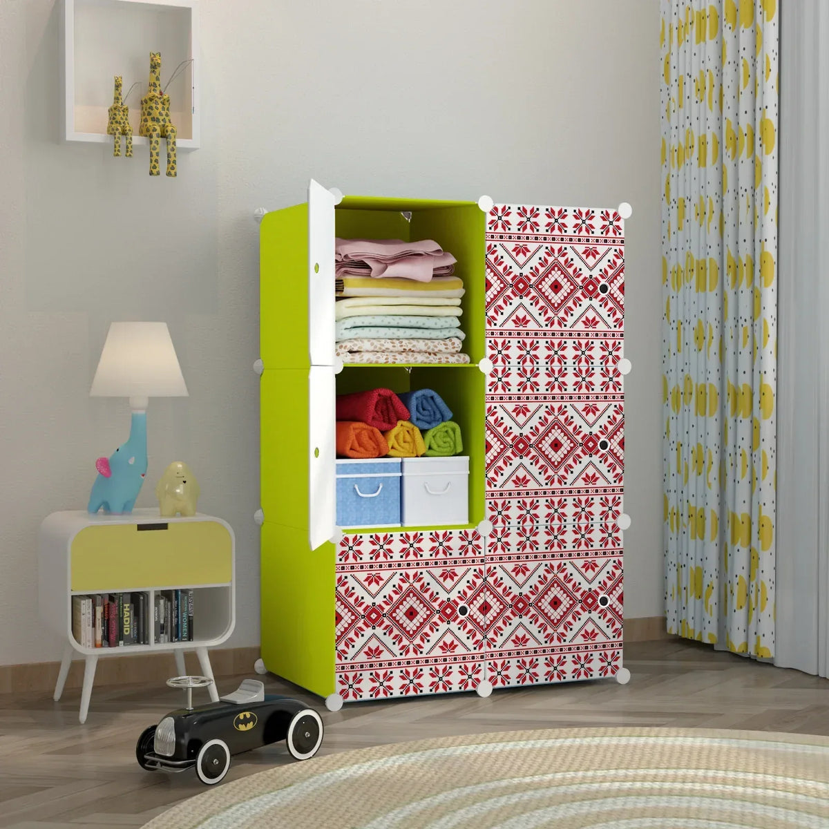 Dulap modular din plastic cu schelet metalic, imprimeu traditional, Naimeed D3422G, culoare Verde, 111x75x37 cm - 221.ro