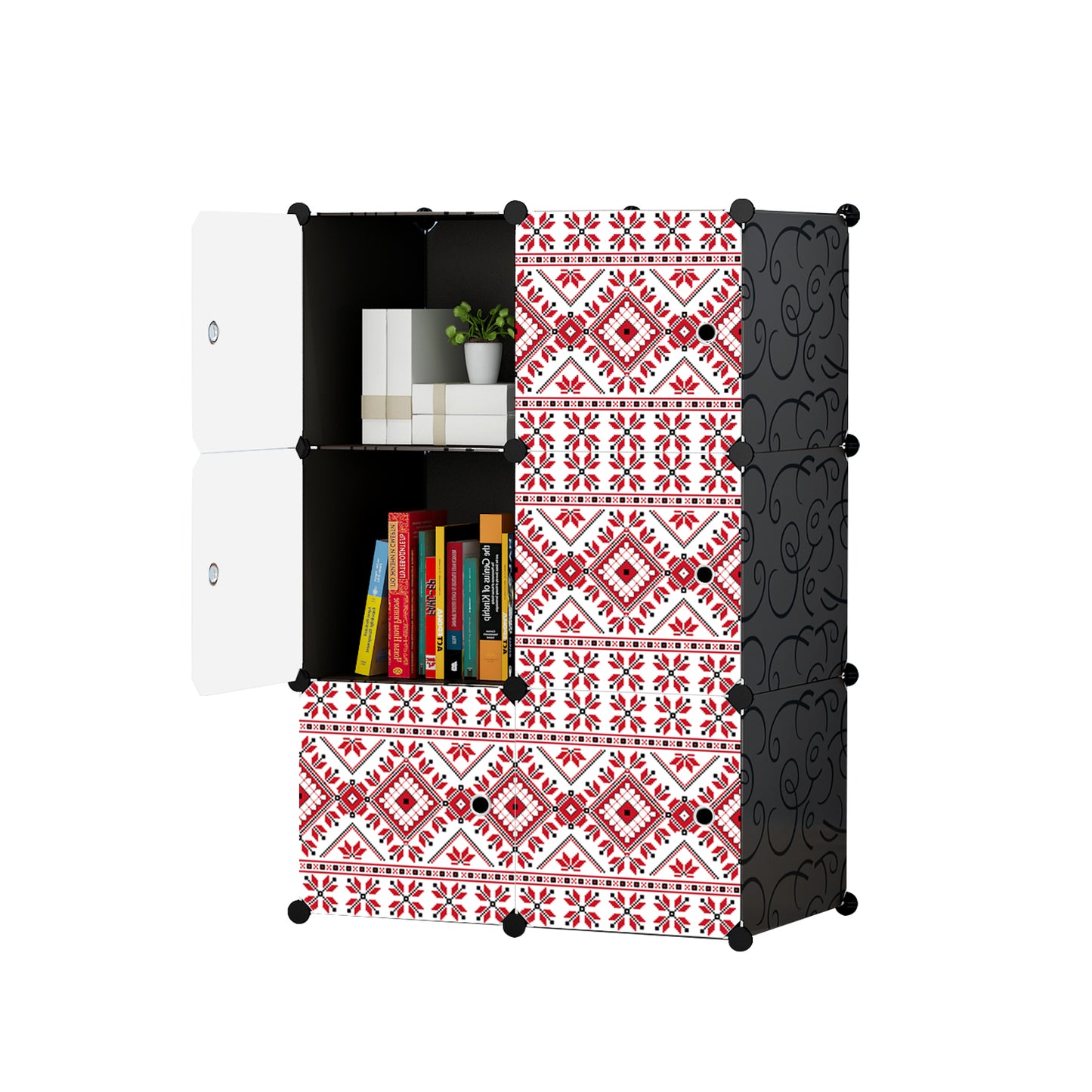 Dulap modular din plastic cu schelet metalic, imprimeu traditional, Naimeed D3422N, culoare Negru, 111x75x37 cm