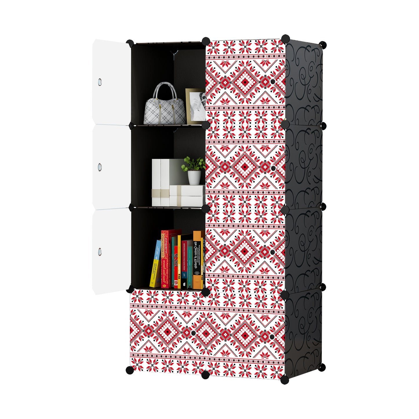 Dulap modular din plastic cu schelet metalic, imprimeu traditional, Naimeed D3423N, culoare Negru, 148x75x37 cm