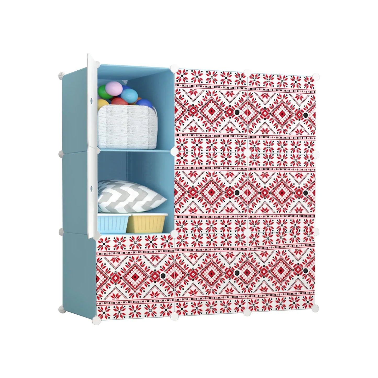 Dulap modular din plastic cu schelet metalic, imprimeu traditional, Naimeed D3424B, culoare Albastru, 111x111x37 cm - 221.ro