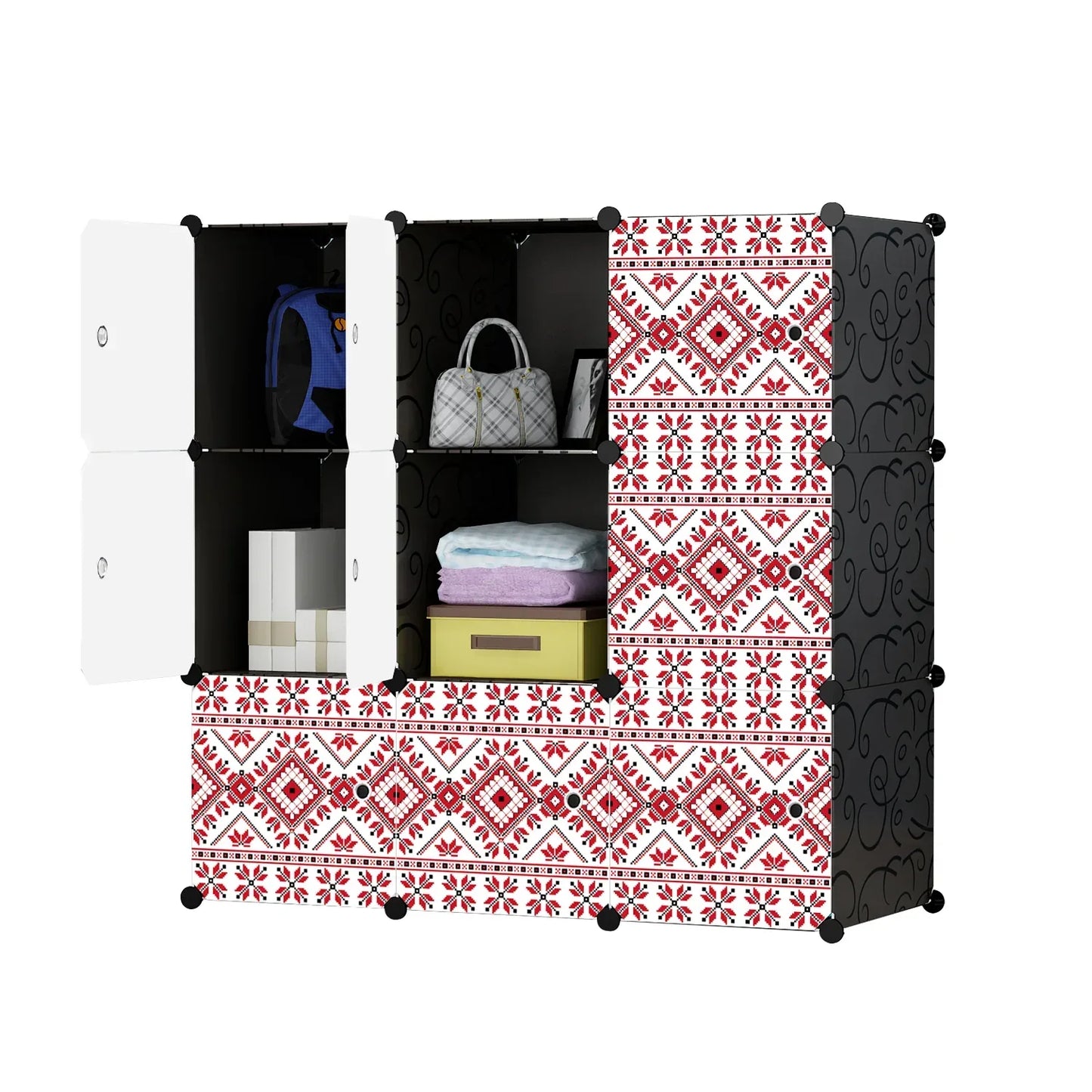 Dulap modular din plastic cu schelet metalic, imprimeu traditional, Naimeed D3424N, culoare Negru, 111x111x37 cm - 221.ro