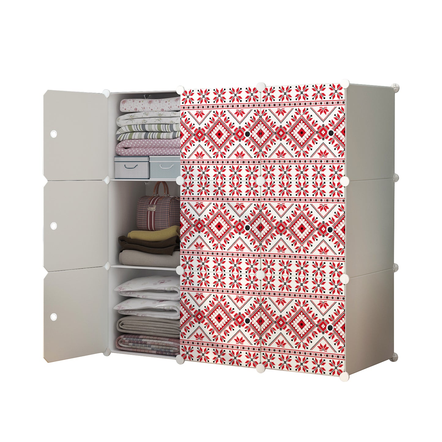 Dulap modular din plastic cu schelet metalic, imprimeu traditional, Naimeed D3424W, culoare Alb, 111x111x37 cm