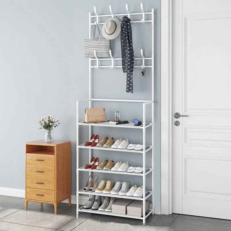 Cuier haine cu suport pantofi, 5 rafturi, D3791, 171x60 cm, Alb - 221.ro