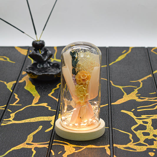 Aranjament floral in cupola de sticla, lumina Led, D4001, Portocaliu