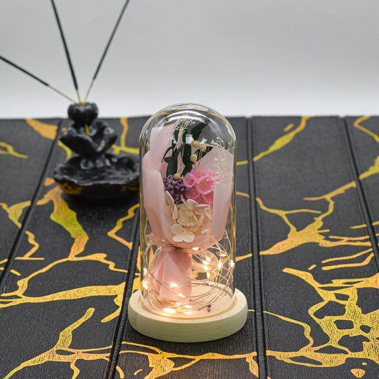 Aranjament floral in cupola de sticla, lumina Led, D4001, Roz