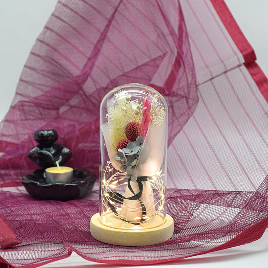 Aranjament floral in cupola de sticla, lumina Led, D4002, Rosu