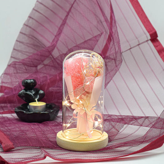 Aranjament floral in cupola de sticla, lumina Led, D4002, Roz - 221.ro