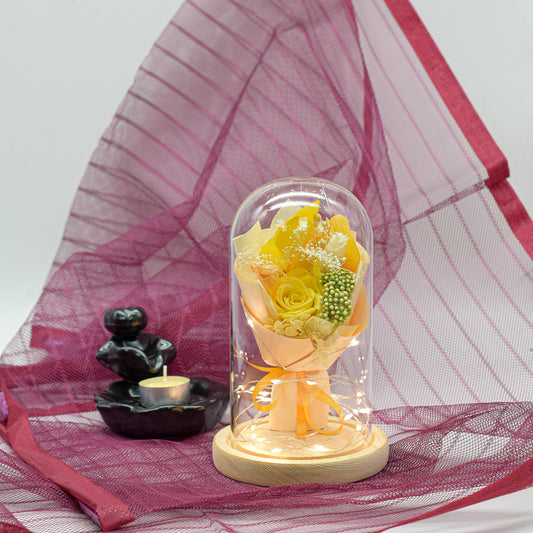 Aranjament floral in cupola de sticla, lumina Led, D4003, Galben