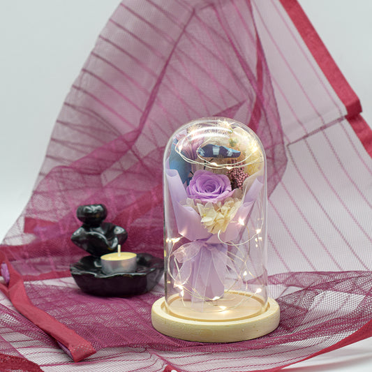 Aranjament floral in cupola de sticla, lumina Led, D4003, Mov