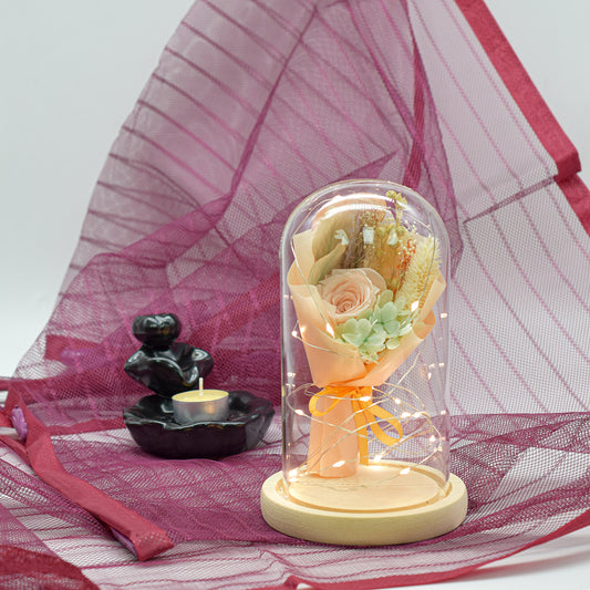 Aranjament floral in cupola de sticla, lumina Led, D4003, Portocaliu