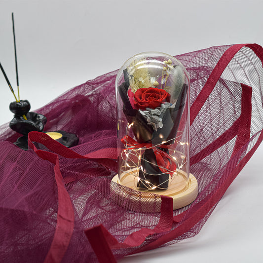 Aranjament floral in cupola de sticla, lumina Led, D4003, Rosu