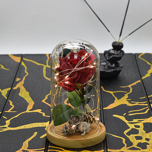 Aranjament floral in cupola de sticla, lumina Led, D4004, Rosu