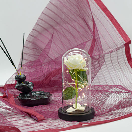 Aranjament floral in cupola de sticla, lumina Led, D4005, Alb