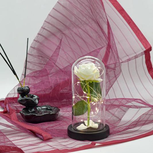 Aranjament floral in cupola de sticla, lumina Led, D4005, Alb - 221.ro