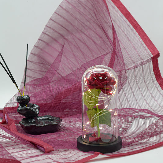 Aranjament floral in cupola de sticla, lumina Led, D4005, Rosu