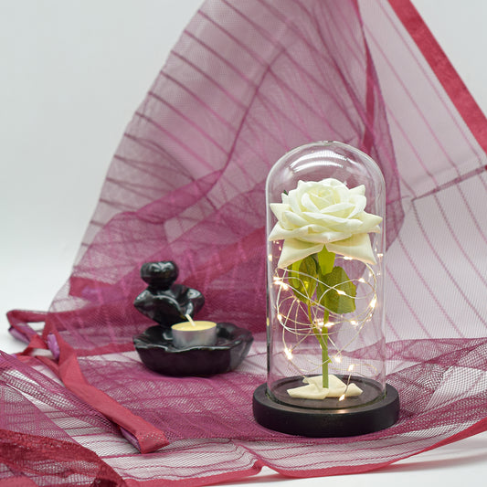 Aranjament floral in cupola de sticla, lumina Led, D4006, Alb