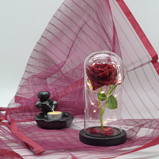 Aranjament floral in cupola de sticla, lumina Led, D4006, Rosu