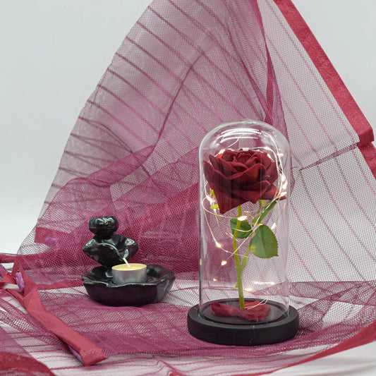 Aranjament floral in cupola de sticla, lumina Led, D4006, Rosu - 221.ro