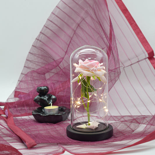 Aranjament floral in cupola de sticla, lumina Led, D4006, Roz pal
